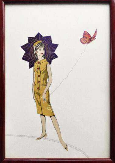 Uta Kathleen Kalthoff, Schmetterlingsgefühle, 2022 Collage, koloriert auf Papier, gerahmt 31 × 21 cm, Euro 210,-