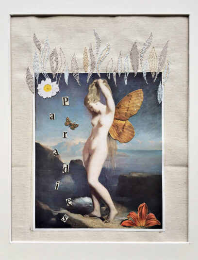 Barbara Weiland u. Uta Kathleen Kalthoff, Paradies, 2024, Collage, bestickt auf Leinen, 40 × 30 cm, € 250,– m.R. 