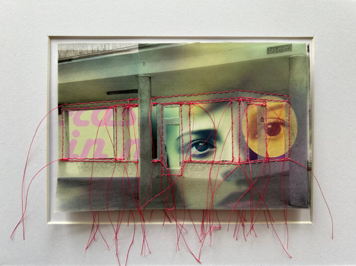 Lena Schmidt: ohne Titel (Blickfang I);
Edition Kunstraum B 2025;
Collage, Zeichnung, Stickerei; Gesamtmaße inkl. weißer Objektrahmen 18x24 cm