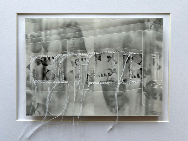 Lena Schmidt: ohne Titel (N.N. IV);
Edition Kunstraum B 2025;
Collage, Zeichnung, Stickerei; Gesamtmaße inkl. weißer Objektrahmen 18x24 cm