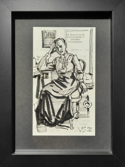 »Hilma af Klint«, Vladimir Sitnikov, 2022, Tusche auf Einkaufsquittung,13,8 × 8 cm, mit Rahmen 20,7 × 15,7 cm, Preis 130,–
