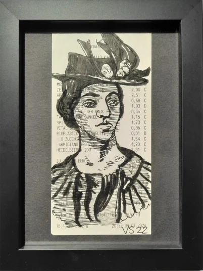 »Suzanne Valadon«, Vladimir Sitnikov, 2022, Tusche auf Einkaufsquittung 16 × 8 cm, mit Rahmen 20,7 × 15,7 cm, Preis 130,– €