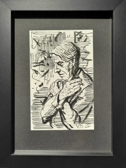 »Willem de Koonig«, Vladimir Sitnikov, 2022, Tusche auf Einkaufsquittung, 12,5 × 8 cm, mit Rahmen 20,7 × 15,7 cm, Preis 130,– €