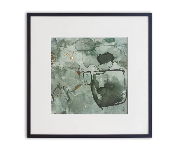 »blickt laut«, Sösta Sönksen, 2026, 30 x30 cm, Mixed Media auf Büttenpapier, gerahmt, 150,– € (Kunstraum B - PocketArt 2026 -Sonderpreis)